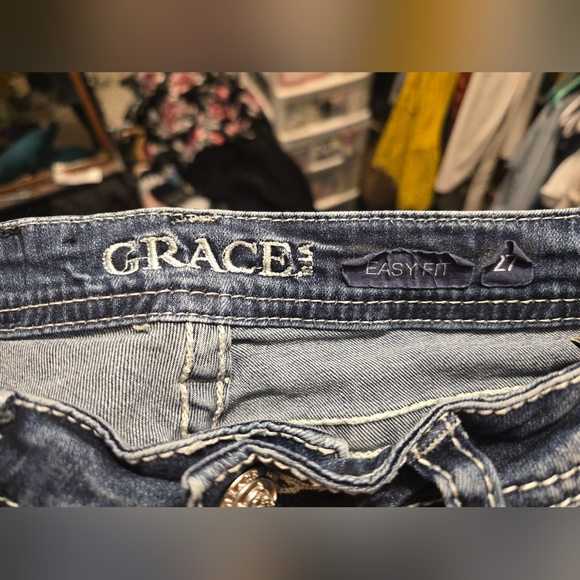 Grace in LA Women's Dark Blue Embroidered Boot Cut Jeans - Picture 3 of 12